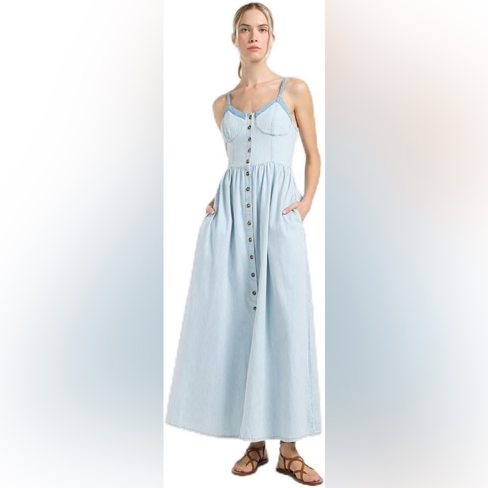 Levi's Blue & White Striped Chambray Denim Sleeveless Corset Maxi Dress Medium